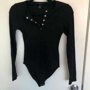 Black Bodysuit, Ribbed Long-sleeve, Snap Enclosure